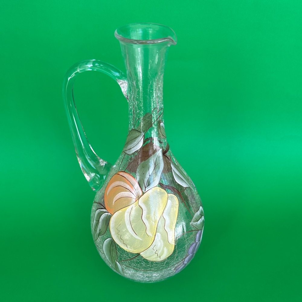 Handcrafted  crackled Glass Pitcher with  hand painted Floral Design